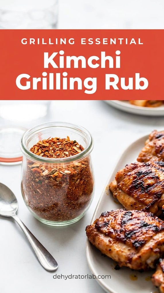 mall jar of reddish kimchi-spiced dry rub next to grilled chicken thighs