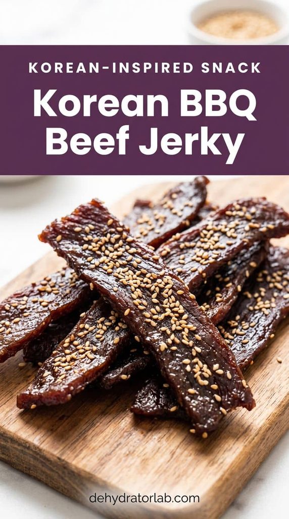 Strips of Korean-style sweet soy beef jerky topped with sesame seeds