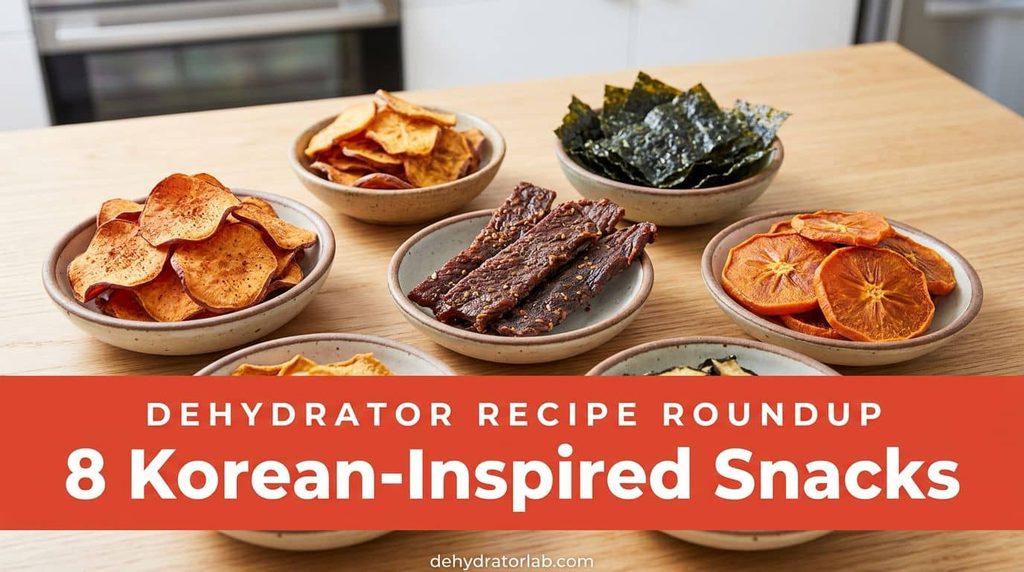 A spread of homemade Korean-inspired dehydrated snacks including seaweed chips, spicy sweet potato chips, and beef jerky on a wooden table