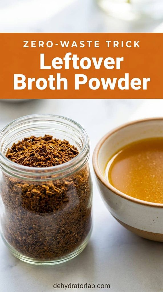 A jar of homemade dehydrated bouillon powder next to a bowl of broth