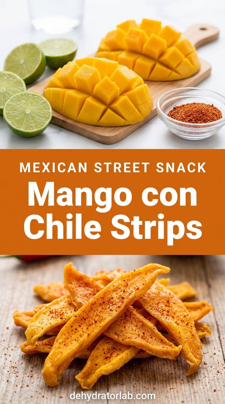Chewy dried mango strips dusted with red chili-lime seasoning next to fresh limes