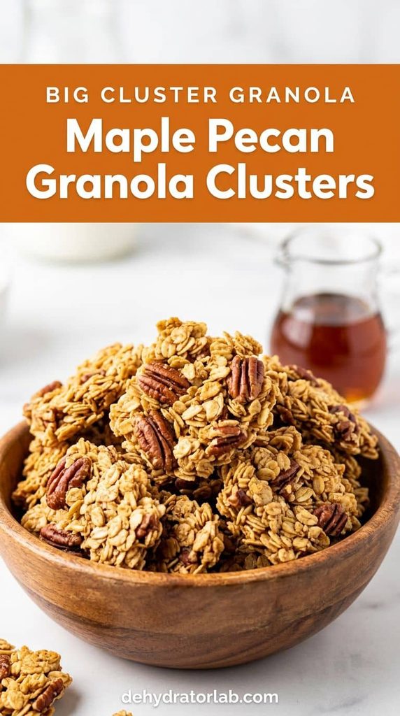 Big chunky maple pecan granola clusters in a wooden bowl