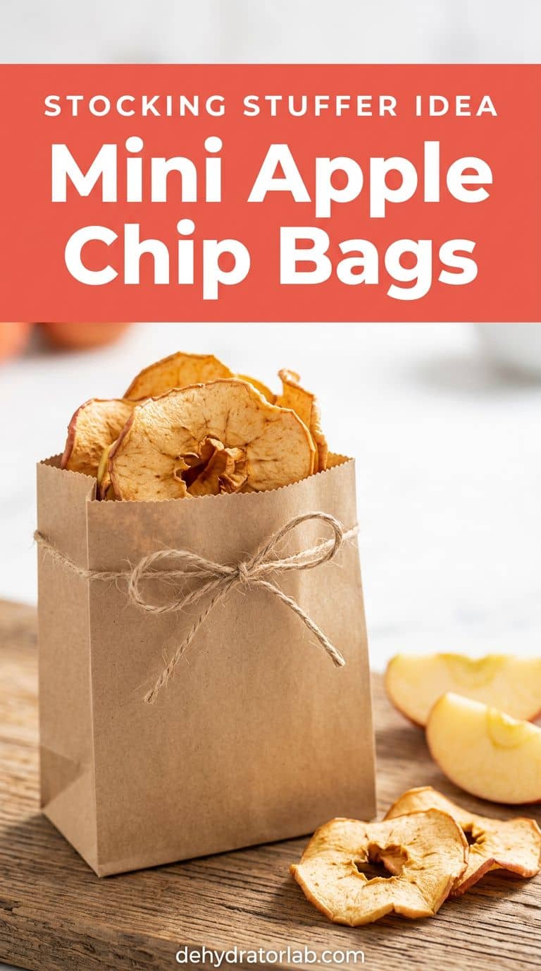 Small kraft bag of dried apple chips tied with twine next to a pile of loose apple chips