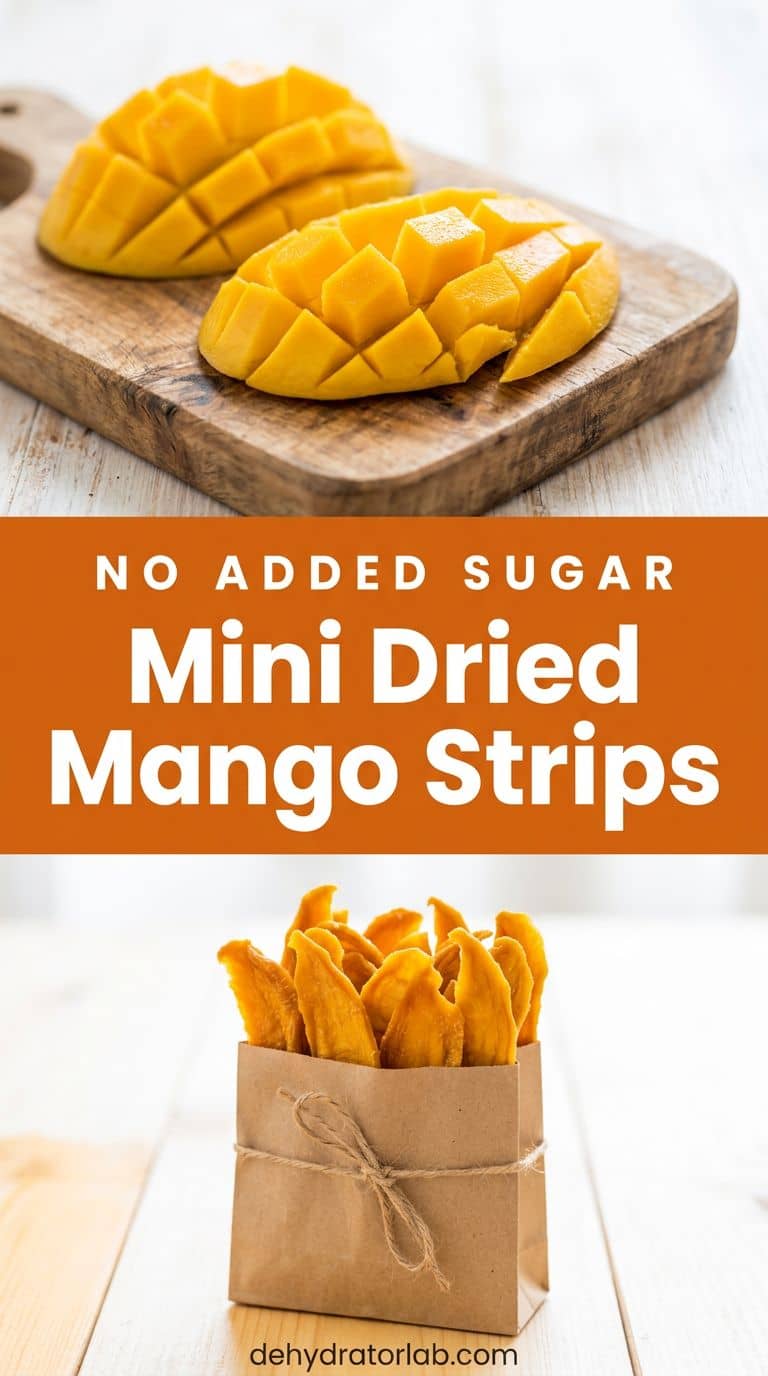 Small kraft bag of dried mango strips next to fresh mango slices