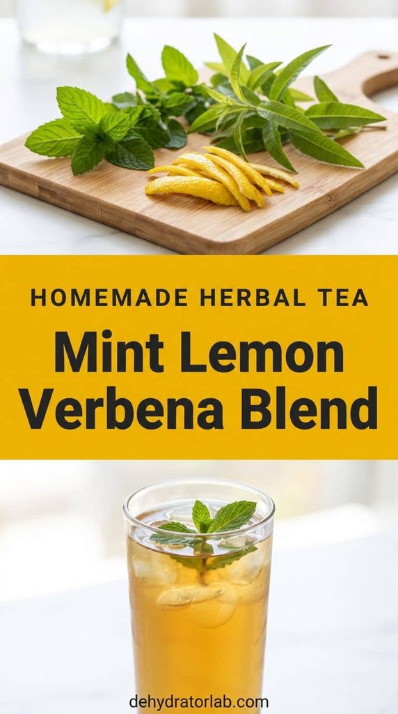 Dried mint, lemon verbena leaves, and citrus peel in a jar next to a glass of iced tea