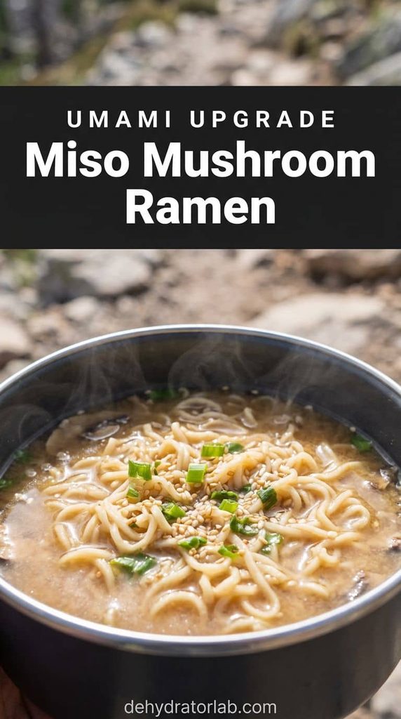 A camping bowl of ramen noodles in mushroom broth topped with scallions on a trail