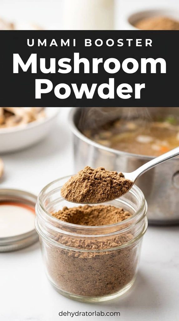 A small jar of dehydrated mushroom powder being stirred into a pot of broth