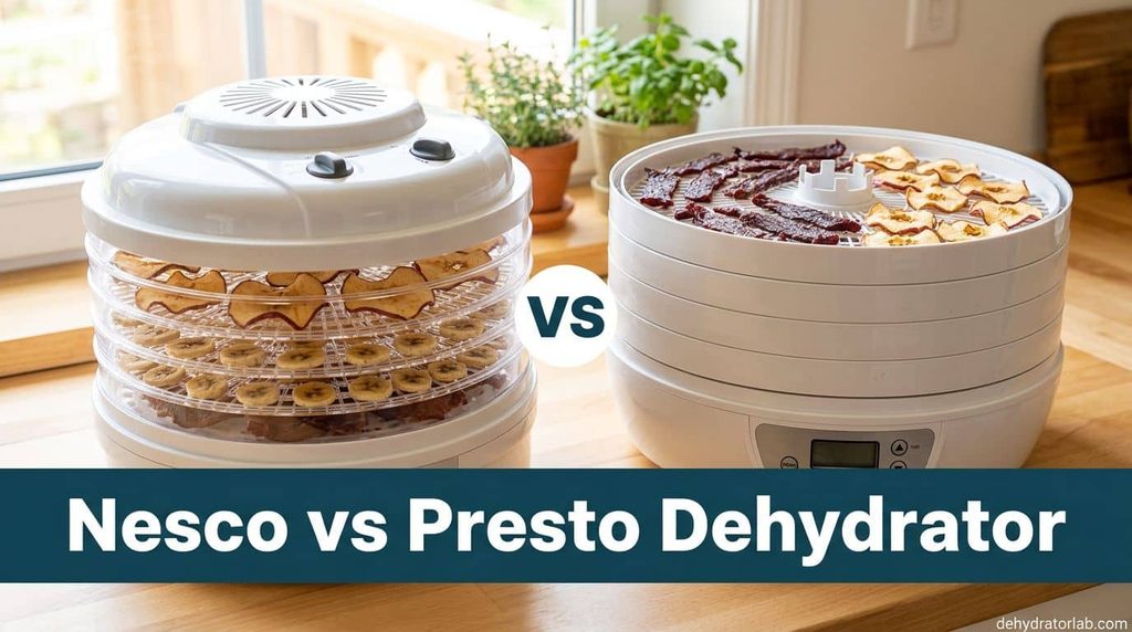 nesco vs presto dehydrator, two round stackable food dehydrators side by side with apple chips and jerky