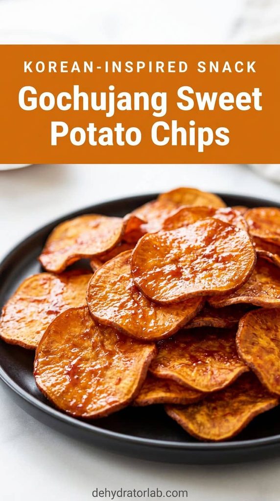 Dehydrated sweet potato chips glazed with gochujang, reddish-orange color, on a plate