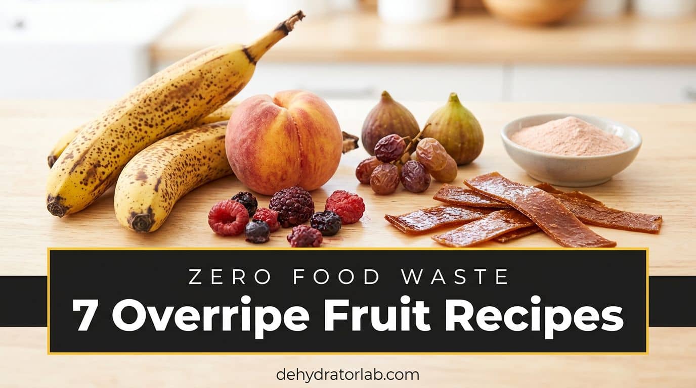 Spotty bananas, soft peaches, figs, and berries next to homemade fruit leather and fruit powder
