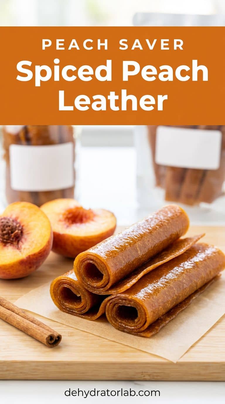 Homemade spiced peach leather rolls next to soft ripe peaches