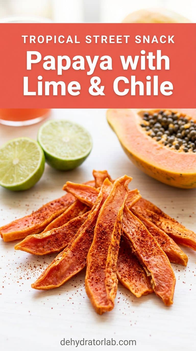 Chewy orange dried papaya spears dusted with chile powder next to lime wedges