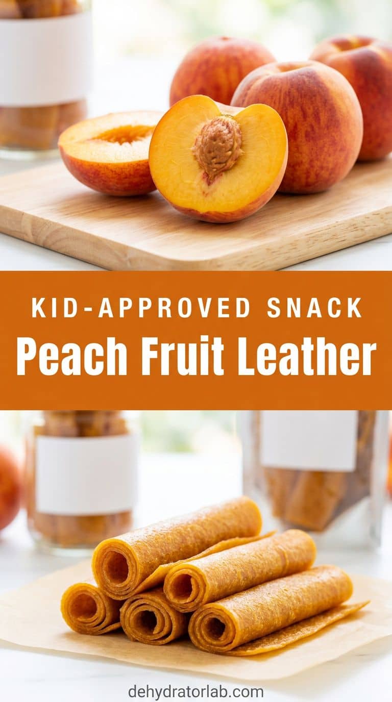 Golden peach fruit leather strips beside sliced fresh peaches