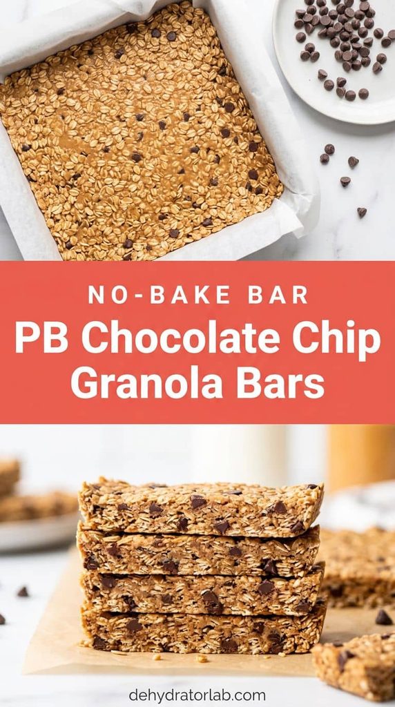 Stacked chewy peanut butter chocolate chip granola bars on parchment paper