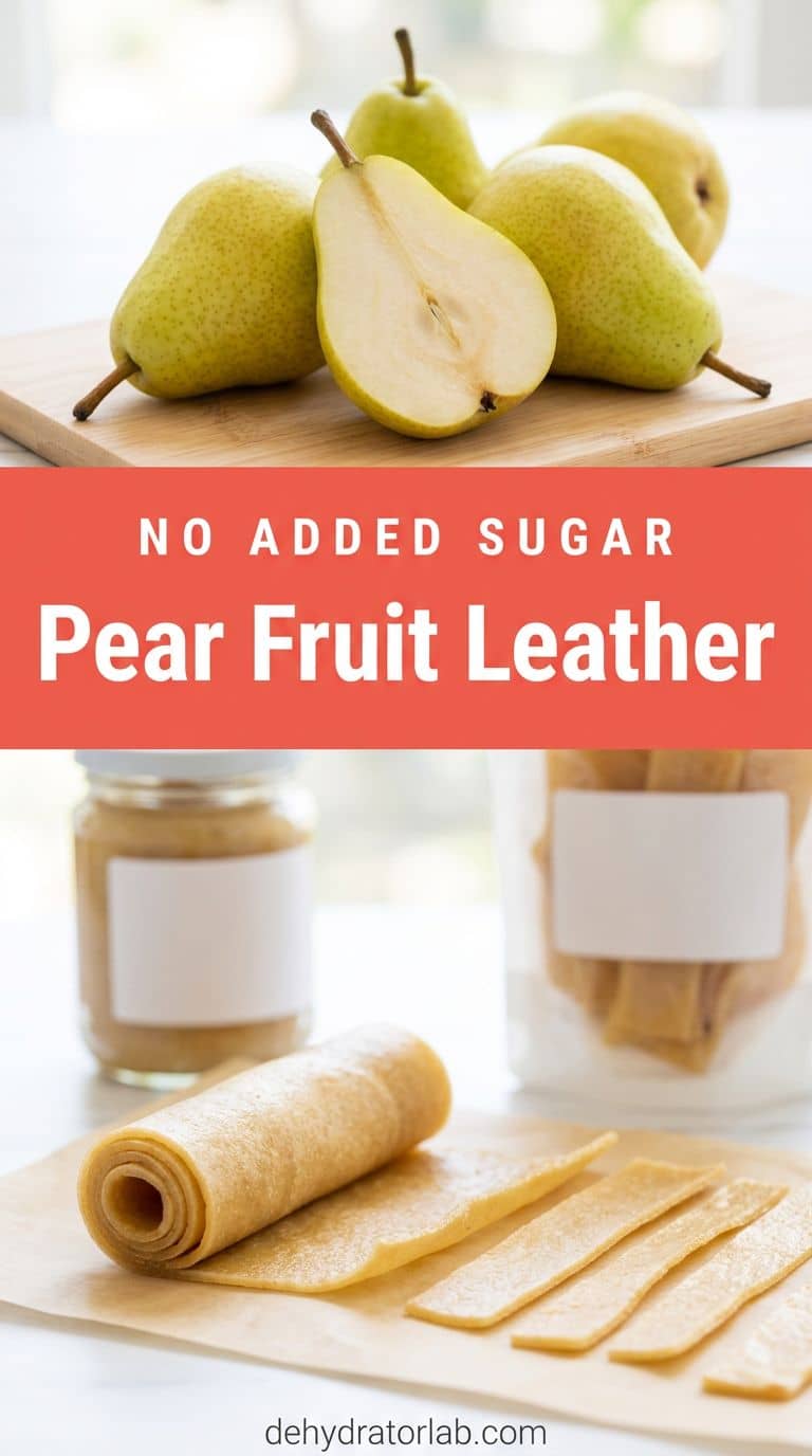 Homemade pear fruit leather rolled and sliced on parchment next to fresh pears