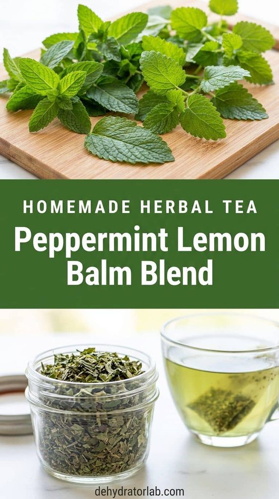 Dried mint and lemon balm leaves in a jar next to a cup of green tea