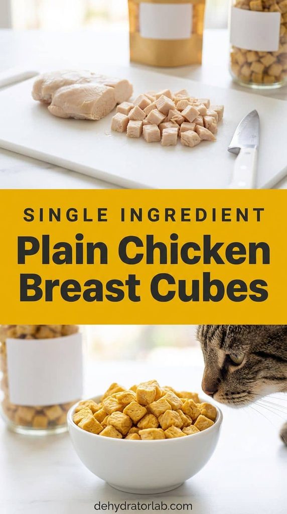 Tiny dehydrated chicken breast cubes in a small bowl for cats