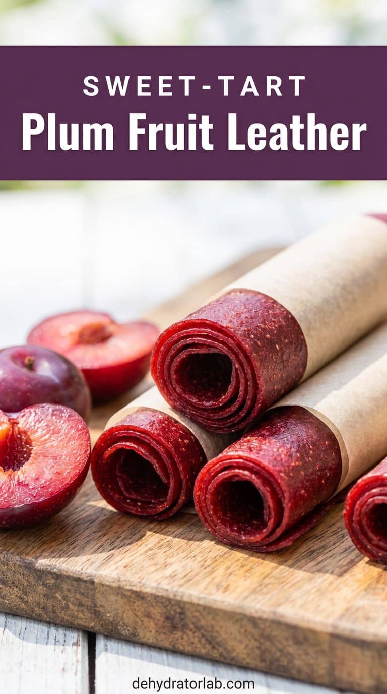 Ruby plum fruit leather rolls with halved fresh plums