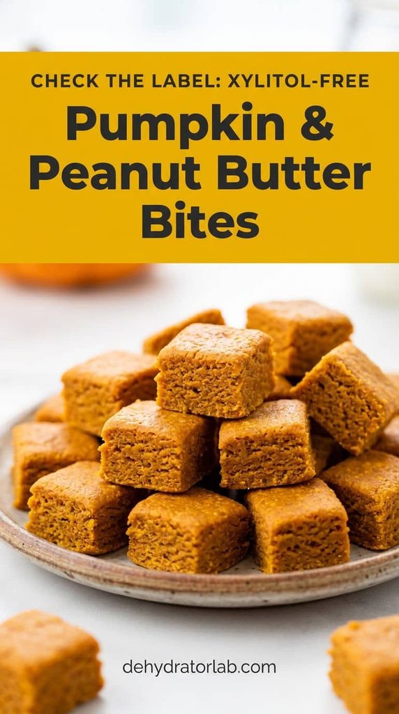 Small dehydrated pumpkin and peanut butter dog treat bites on a plate