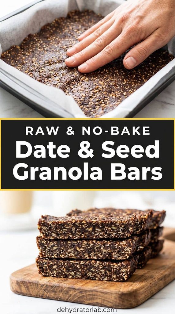 Raw date and seed no-bake granola bars stacked on a wooden board