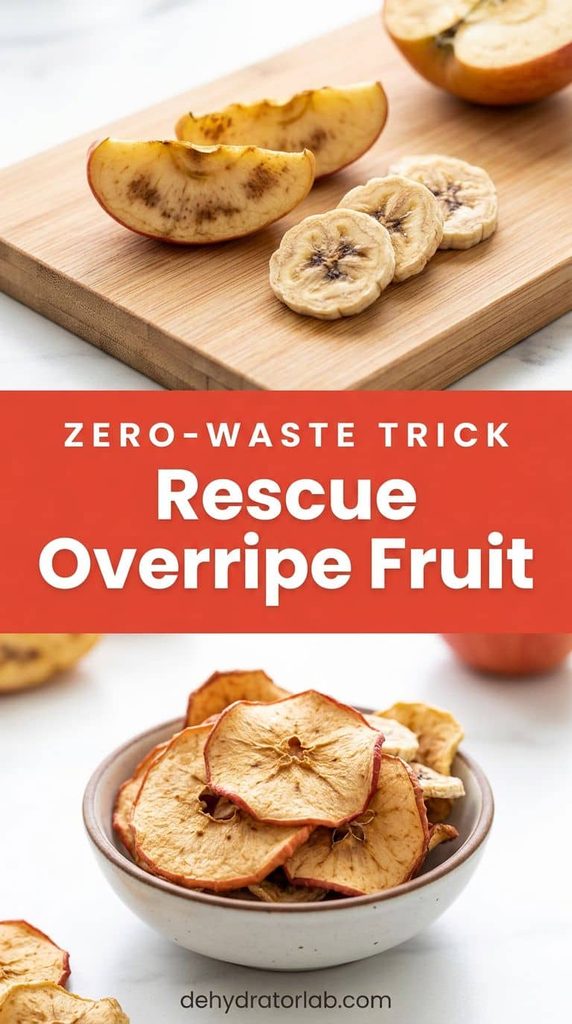 Overripe fruit being sliced next to a finished tray of dried fruit chips