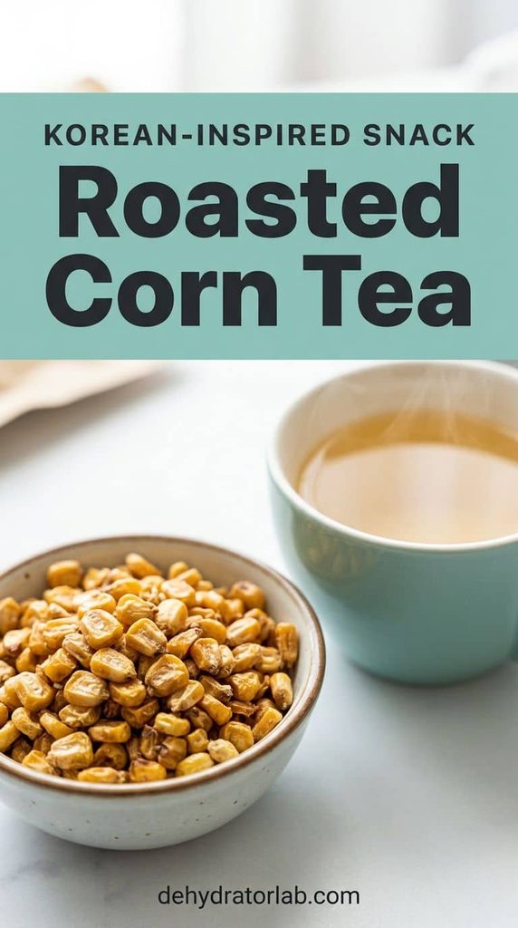 Golden roasted dried corn kernels next to a cup of steaming corn tea