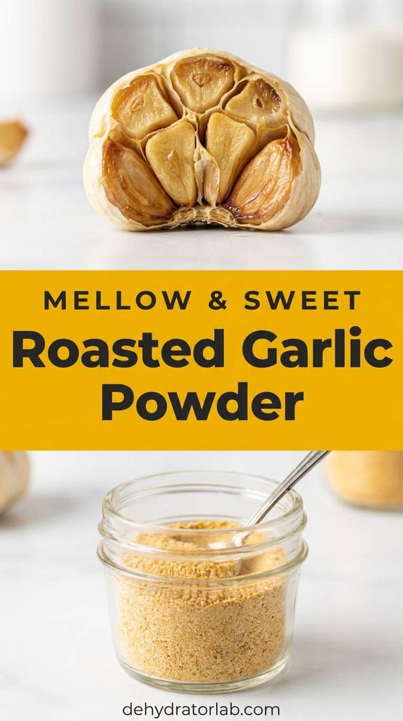 A small jar of roasted garlic powder next to a head of roasted garlic and a pot of broth