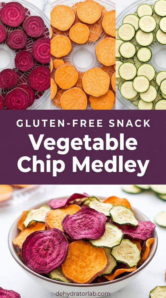 A mixed medley of beet, sweet potato, and zucchini vegetable chips