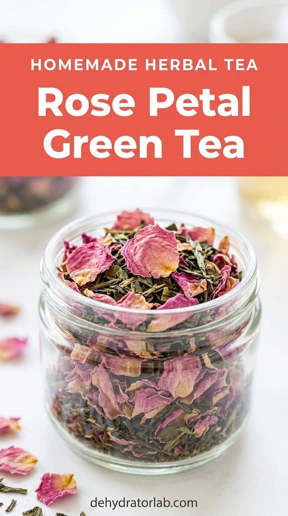 Dried pink rose petals mixed with loose green tea leaves in a jar