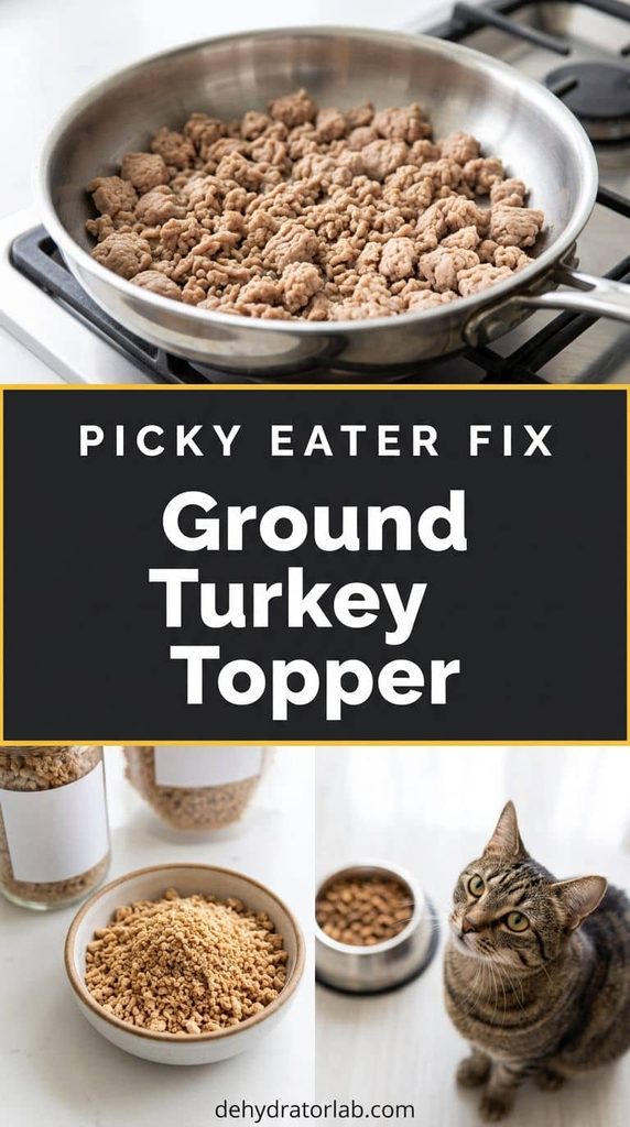 Dehydrated ground turkey crumbles as a topper for cat food