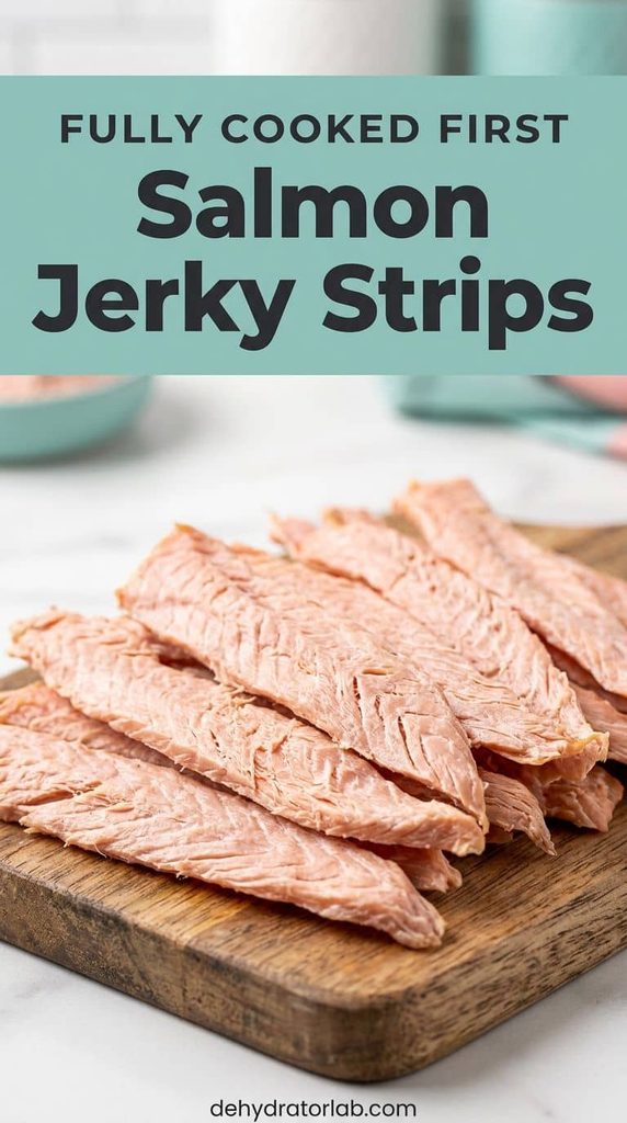 Plain dehydrated salmon jerky strips for dogs on a wooden board