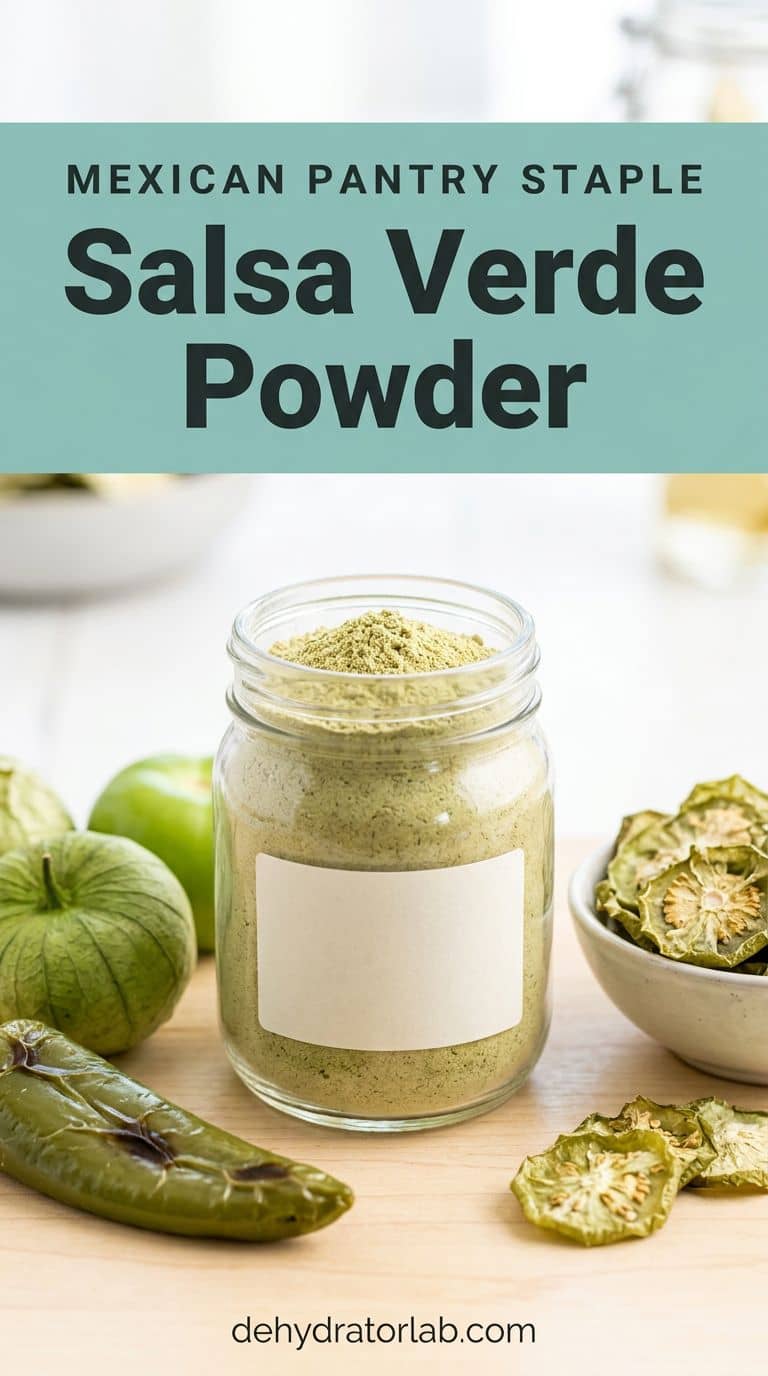 Jar of pale green tomatillo and chile powder beside fresh tomatillos and a green chile