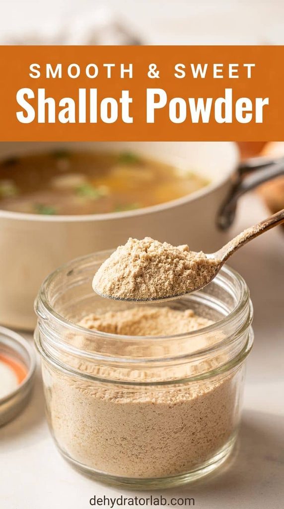 A small jar of dehydrated shallot powder with a spoon next to a pot of broth