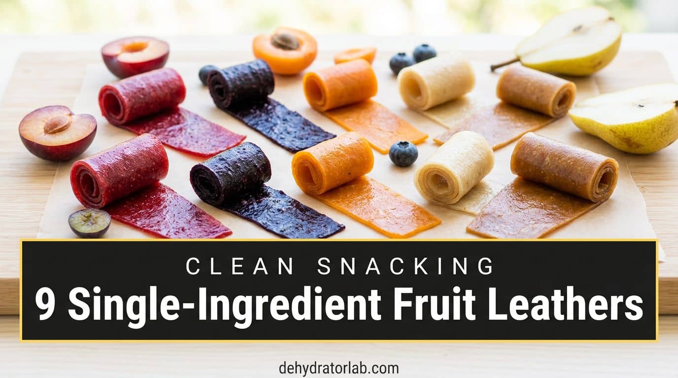 Nine colorful homemade fruit leather rolls arranged with fresh pears, plums, apricots, and berries