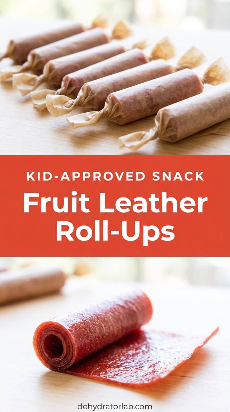 Individually wrapped fruit leather roll-ups tied with twisted ends on a wood surface