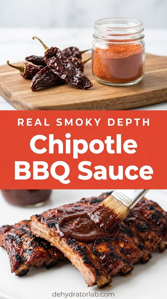 bottle of dark smoky chipotle BBQ sauce being brushed on grilled ribs