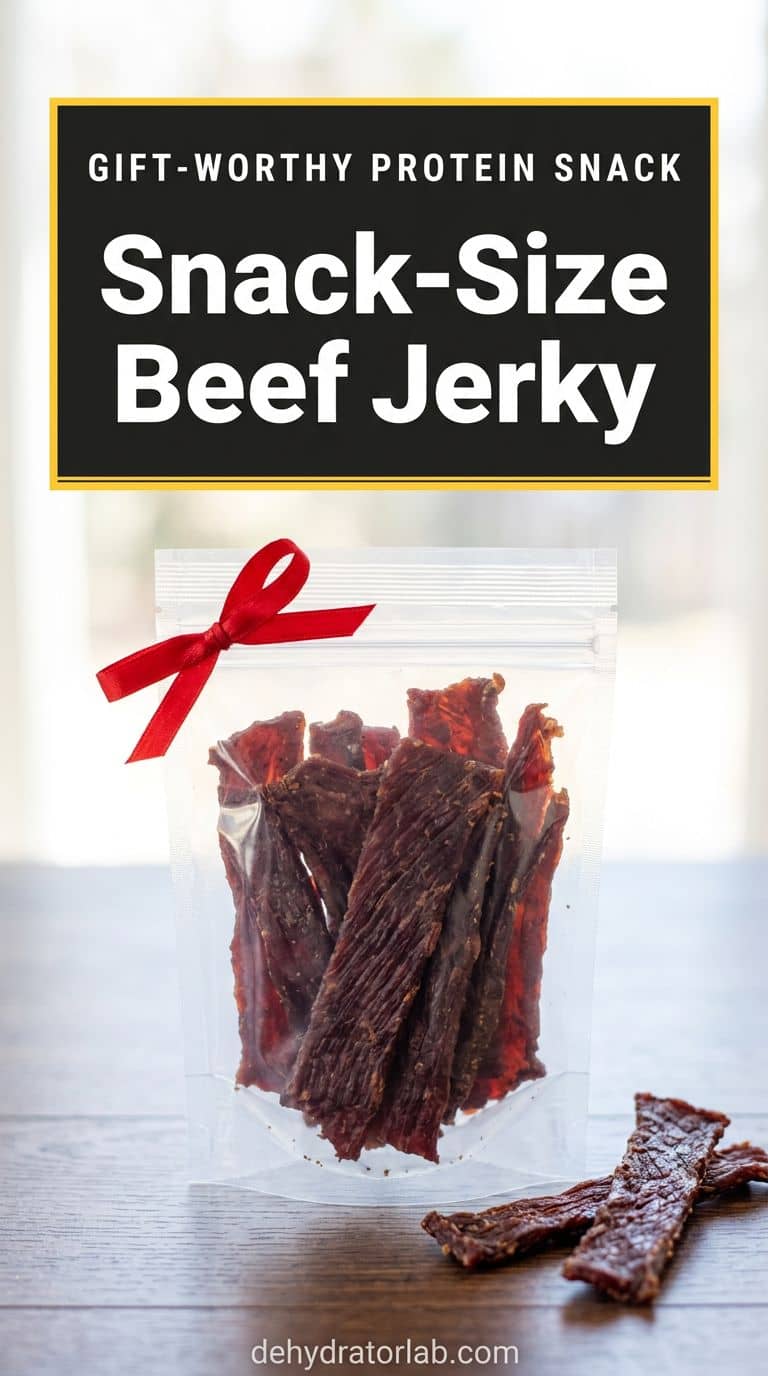 Small resealable bag of beef jerky strips tied with a ribbon next to loose jerky strips