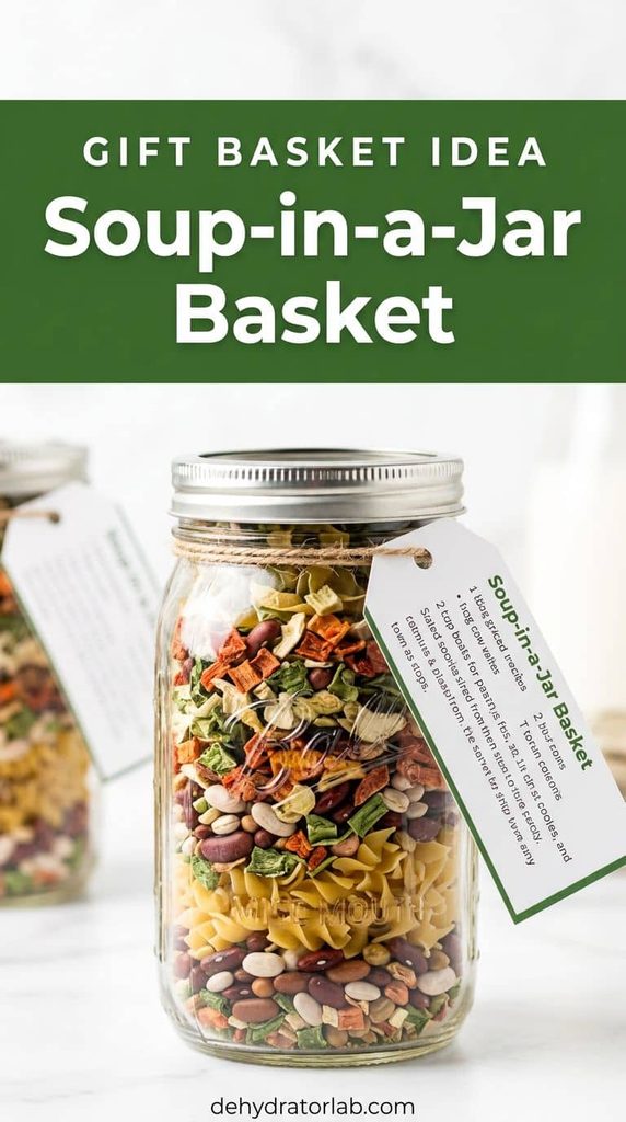 Layered dehydrated soup mix ingredients in a mason jar with a recipe tag tied on