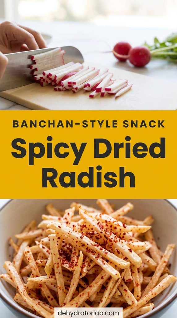 Thin dried radish strips tossed with red gochugaru chili flakes