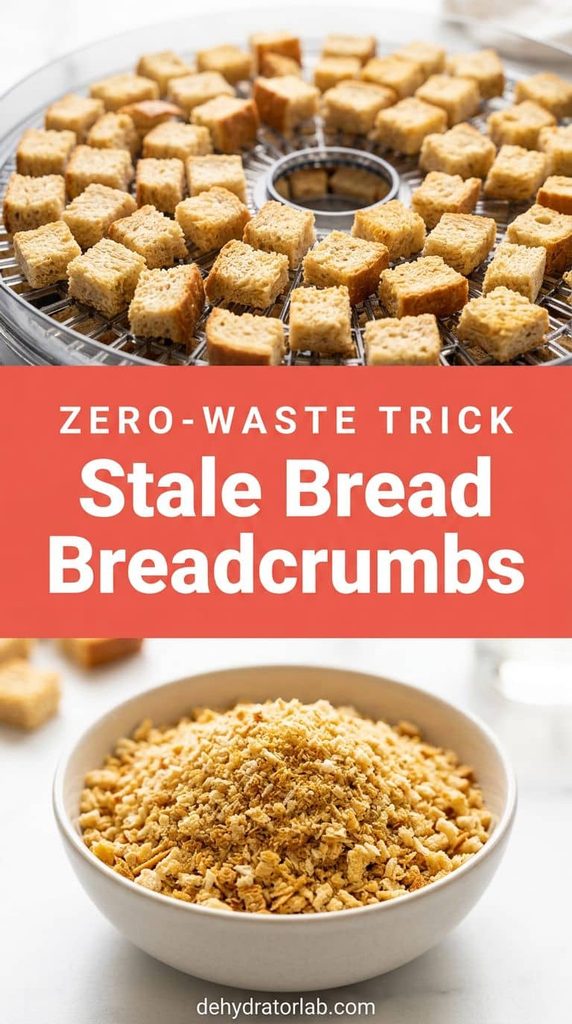 Cubed stale bread next to a bowl of homemade dried breadcrumbs