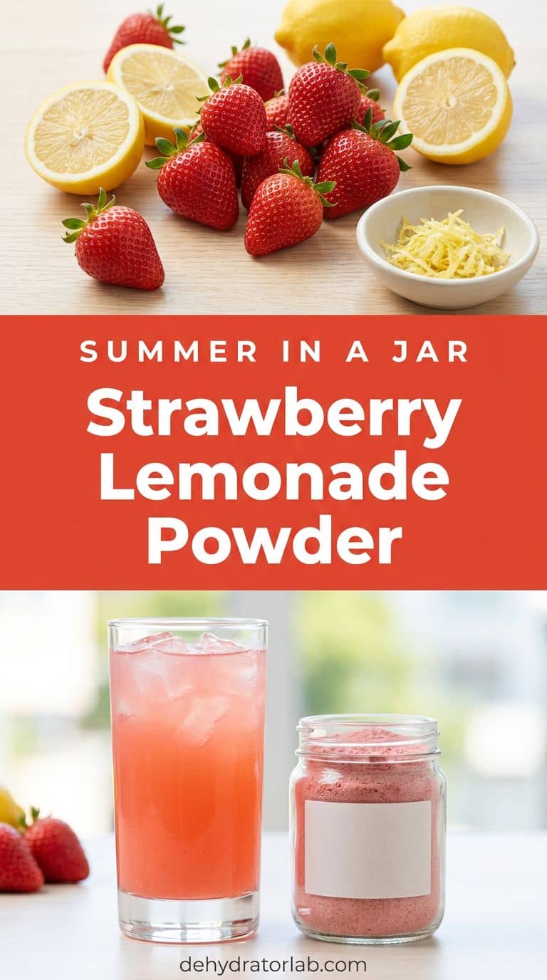 Homemade strawberry lemonade powder mix in a jar next to a glass of pink lemonade