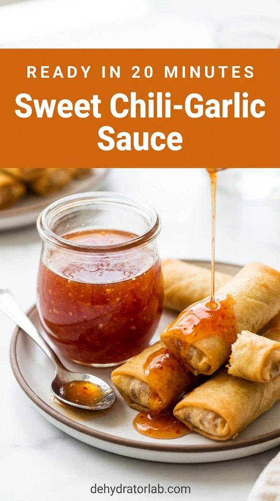 Jar of sweet chili-garlic hot sauce being drizzled over spring rolls