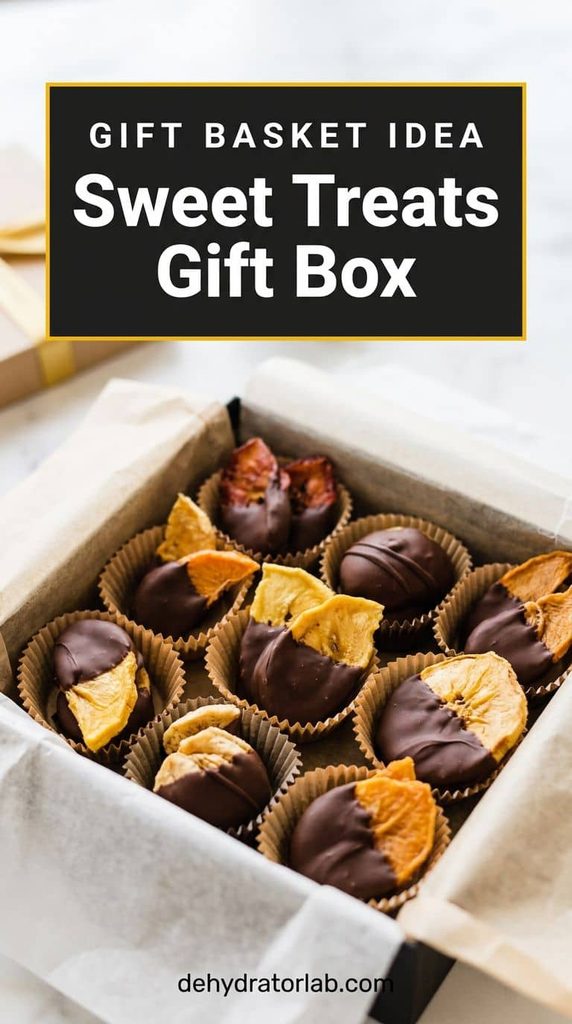 Chocolate-dipped dried fruit arranged in a gift box with mini cupcake liners