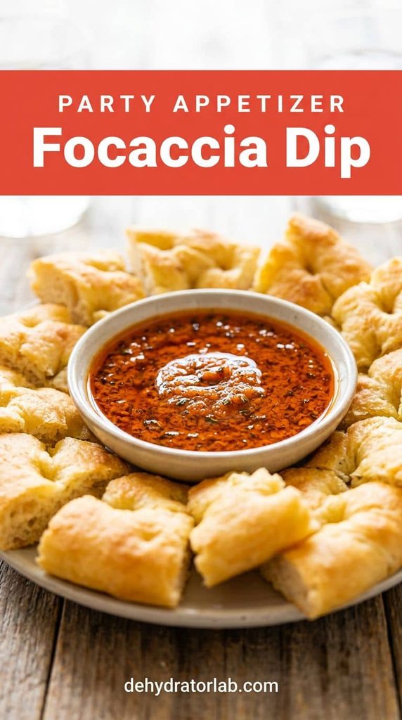 Small bowl of tomato herb olive oil dip with torn focaccia bread