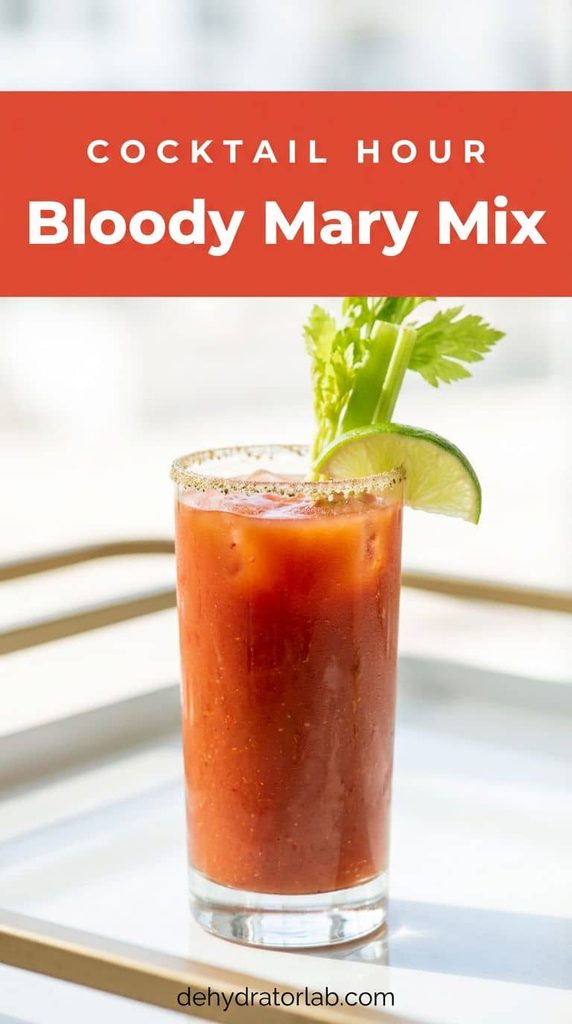 Bloody Mary cocktail made with homemade tomato powder mix, garnished with celery