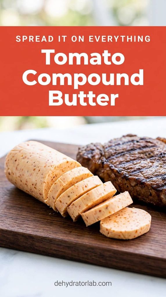 Log of tomato compound butter sliced into coins on a wooden board