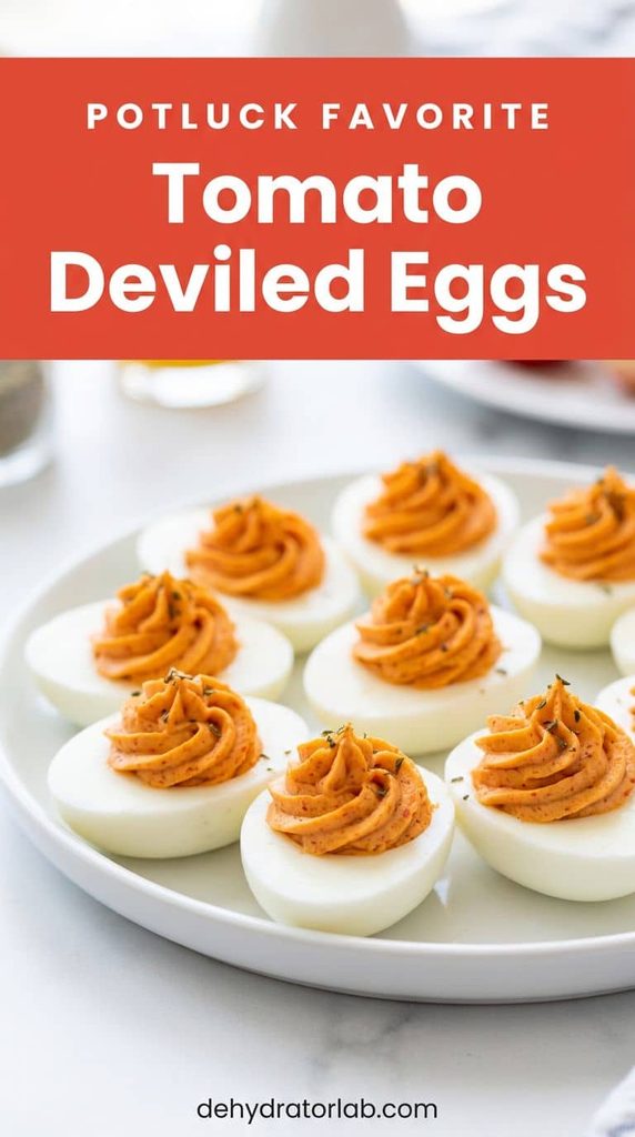Platter of deviled eggs with tomato powder filling, orange-red color, garnished with herbs