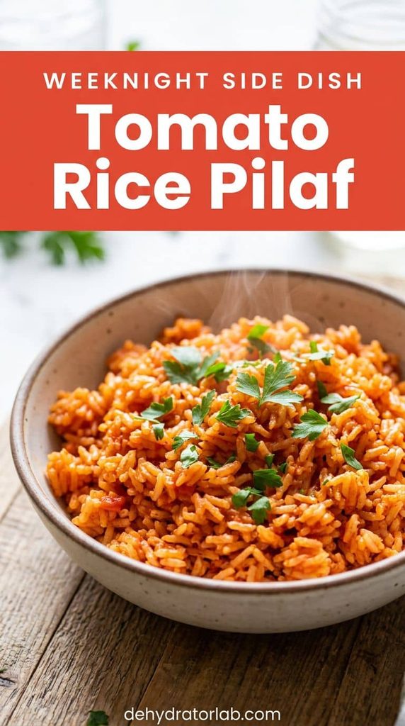 Bowl of orange-red tomato rice pilaf made with dehydrated tomato powder