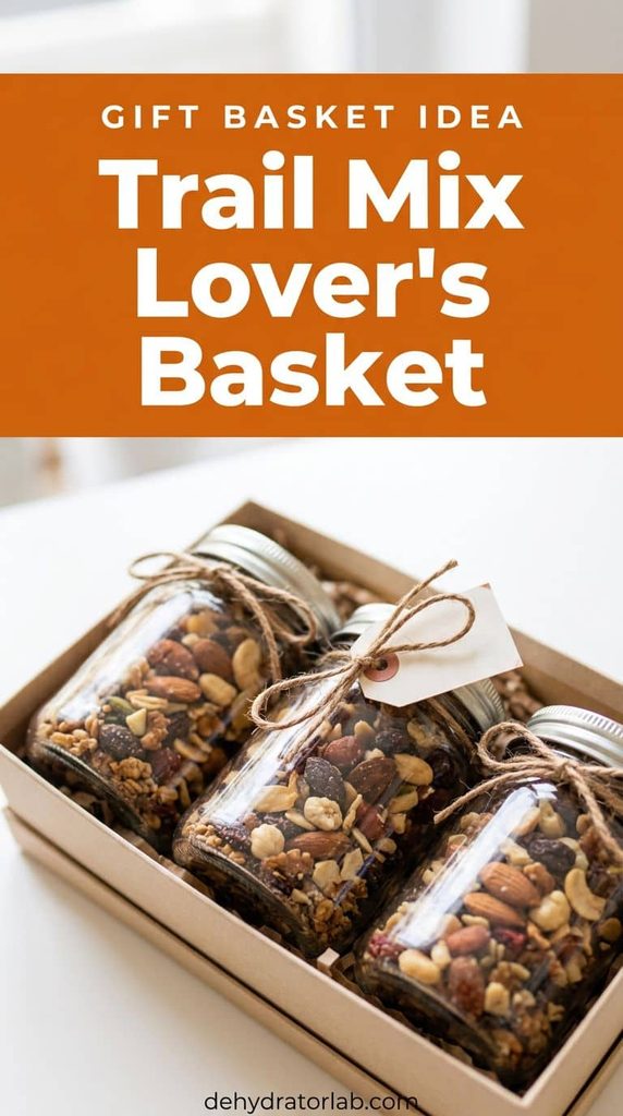 Small jars of different trail mix varieties tied with twine, arranged as a gift set