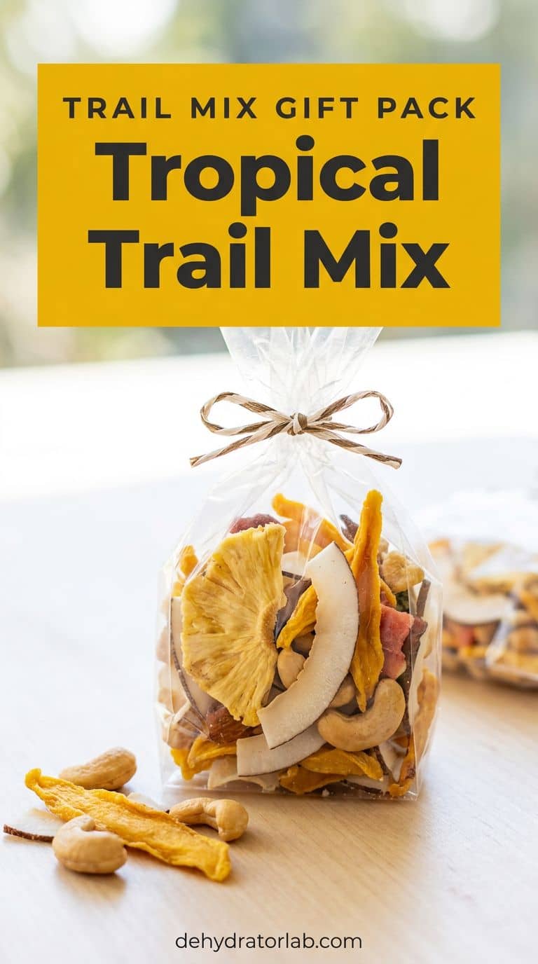 Small snack bag filled with tropical trail mix of dried pineapple, mango, and coconut chips